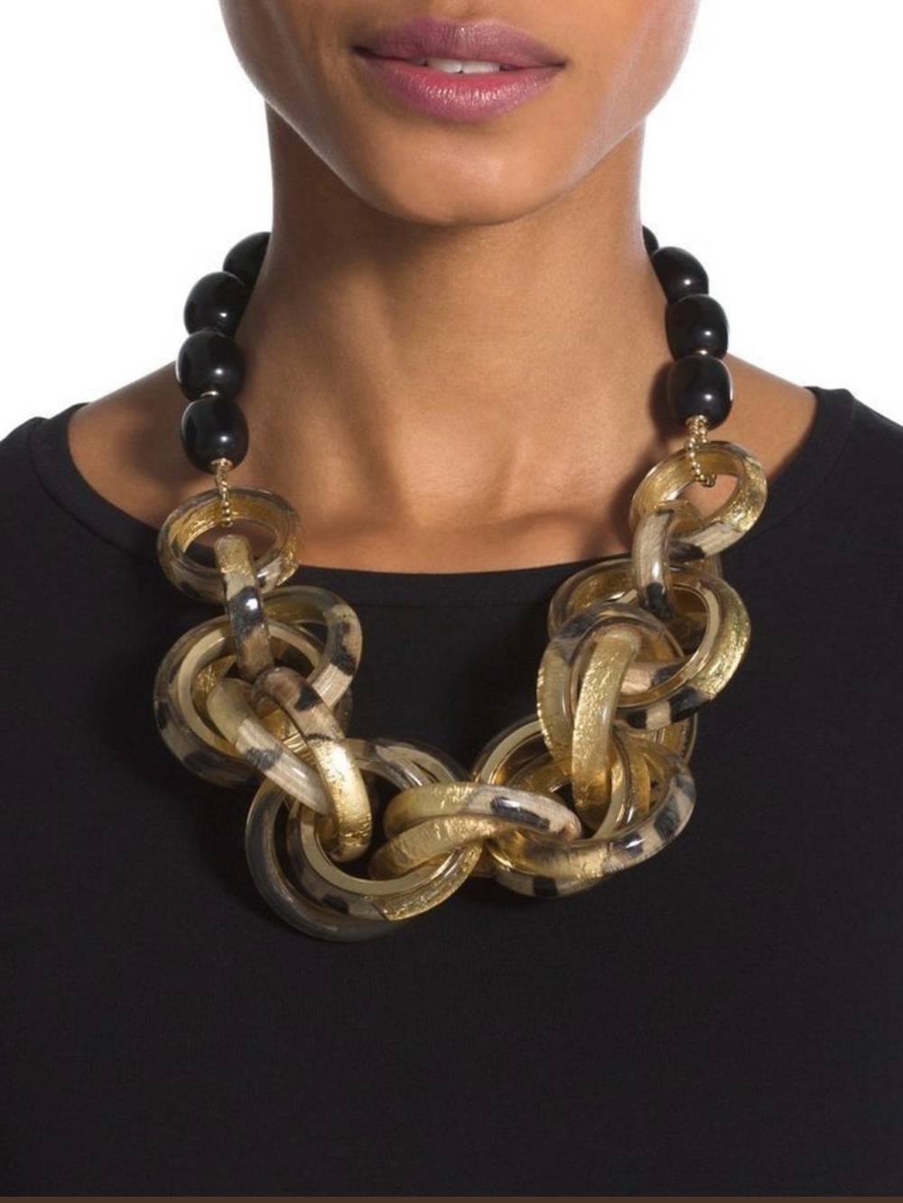 Chico's NWT Bold Animal Print Resin Link Statement Necklace Black Gold